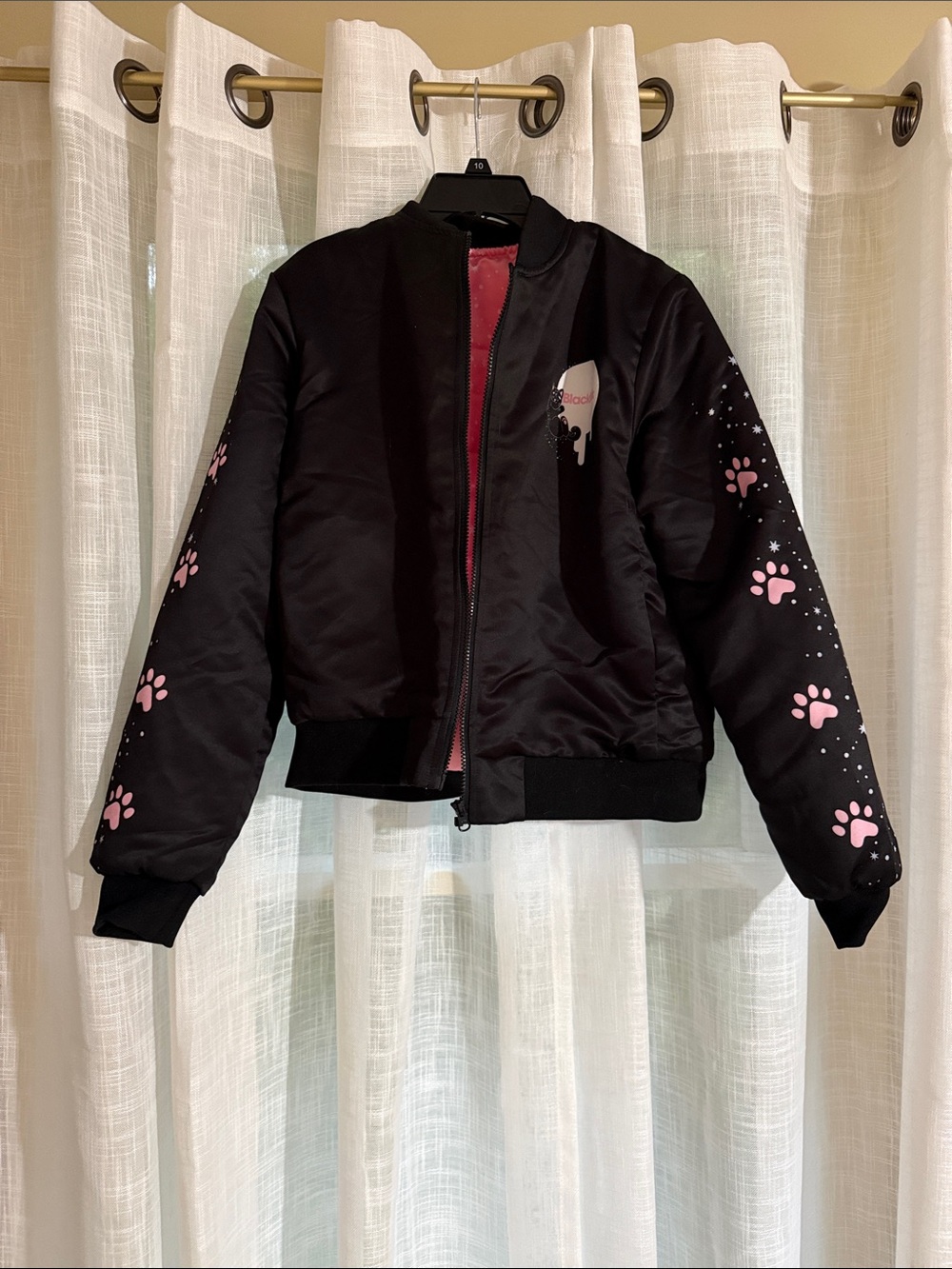 Blackmilk Black Bomber Jacket with Pink Paw Print Accents